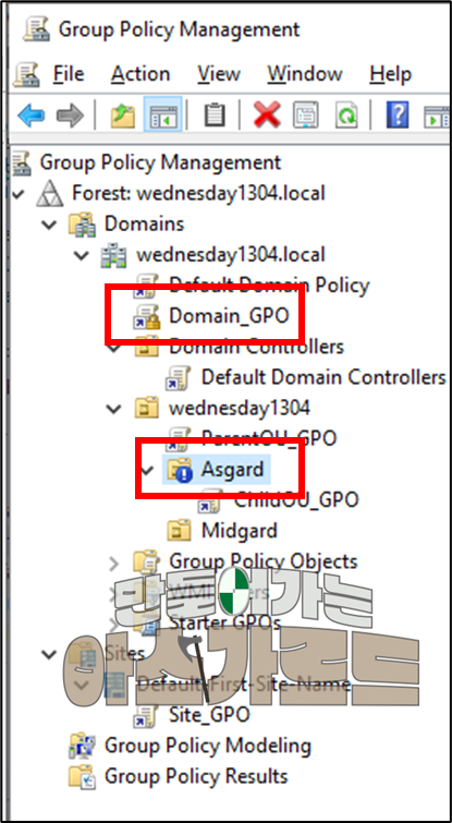 Domain_GPO에는 '적용(Enforced)', 'Asgard' OU에는 '상속 차단(Block Inheritance)'를 적용한 모습