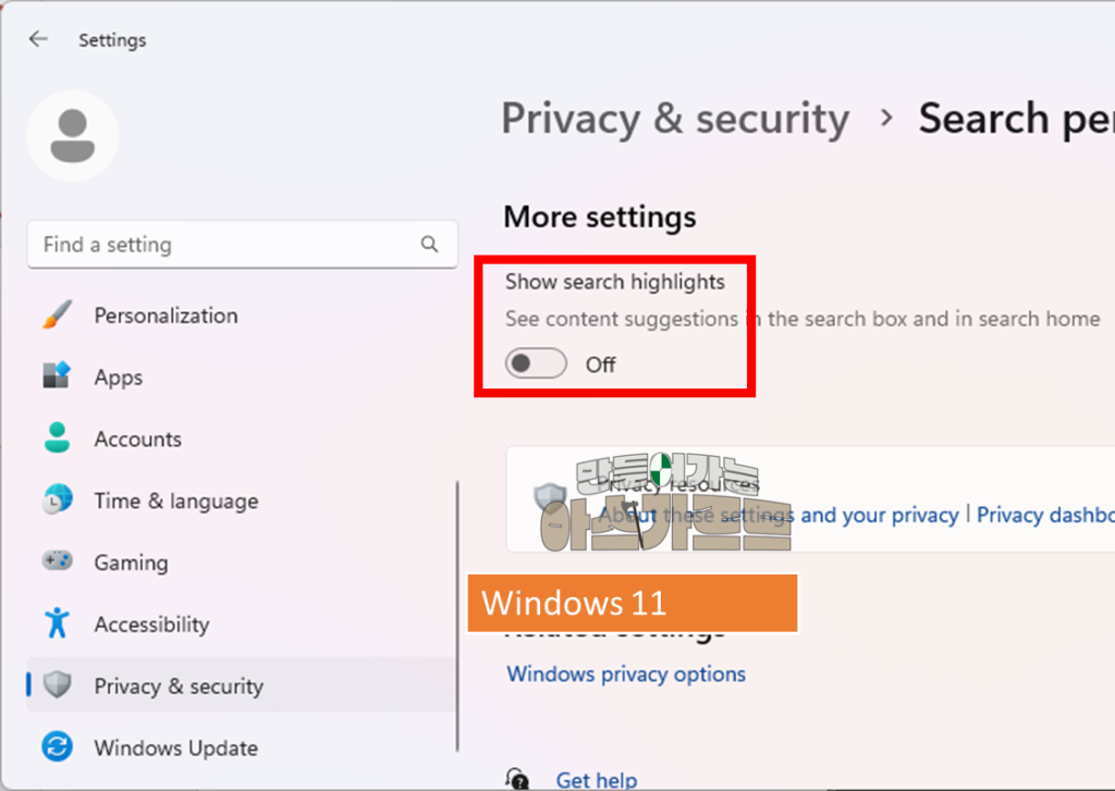 Windows 11 에서 검색하이라이트 없애는 방법, 설정에서 '검색 하이라이트'를 끔